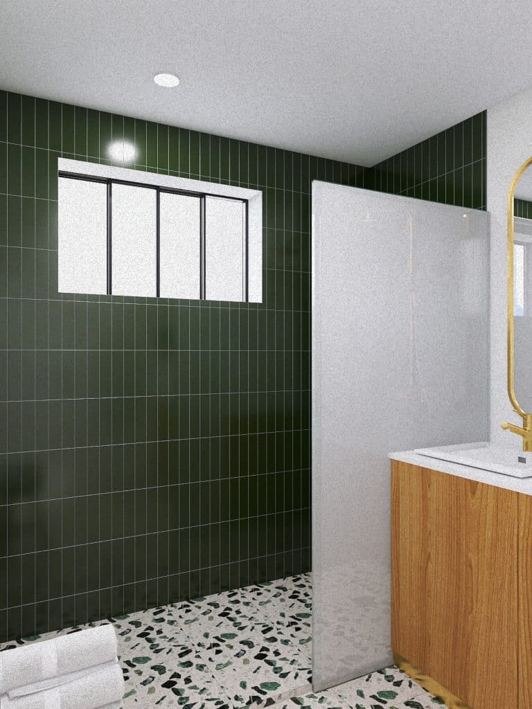 Vue 3D de la future salle de bain verte