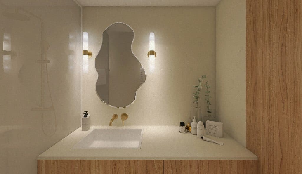Rénovation complète d'une salle de bain de 5 m² en béton ciré, vue 3D de la pièce à l'aveuge