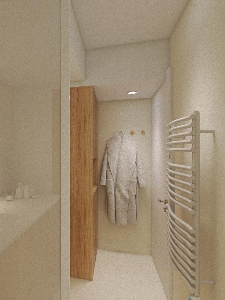 Rénovation complète d'une salle de bain de 5 m² en béton ciré, vue 3D de la pièce après travaux