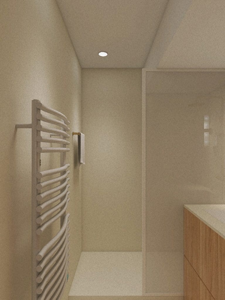 Rénovation complète d'une salle de bain de 5 m² en béton ciré, vue 3D de la future pièce