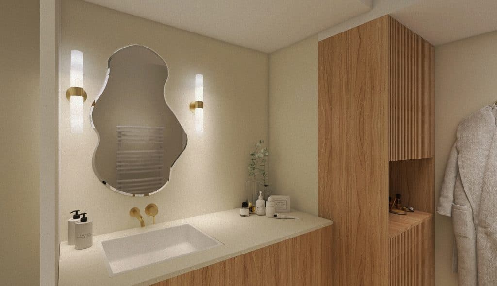 Rénovation complète d'une salle de bain de 5 m² en béton ciré, vue 3D de la future pièce harmonieuse