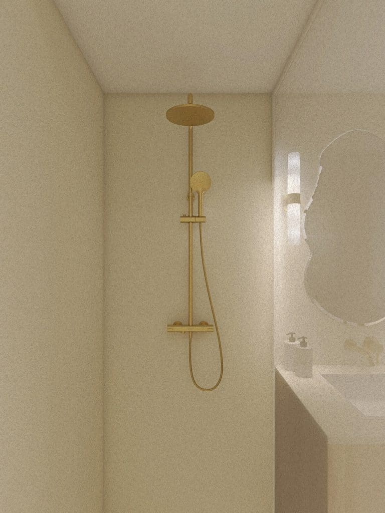 Rénovation complète d'une salle de bain de 5 m² en béton ciré, vue 3D de l'espace douche