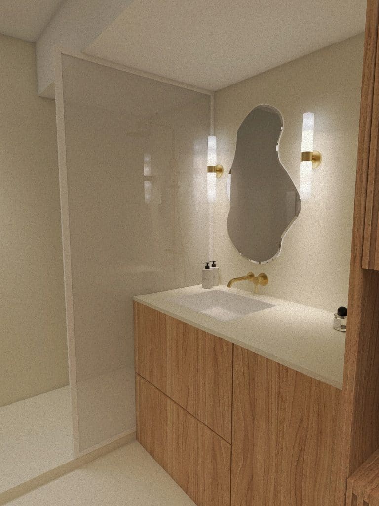 Rénovation complète d'une salle de bain de 5 m² en béton ciré, vue 3D de après travaux