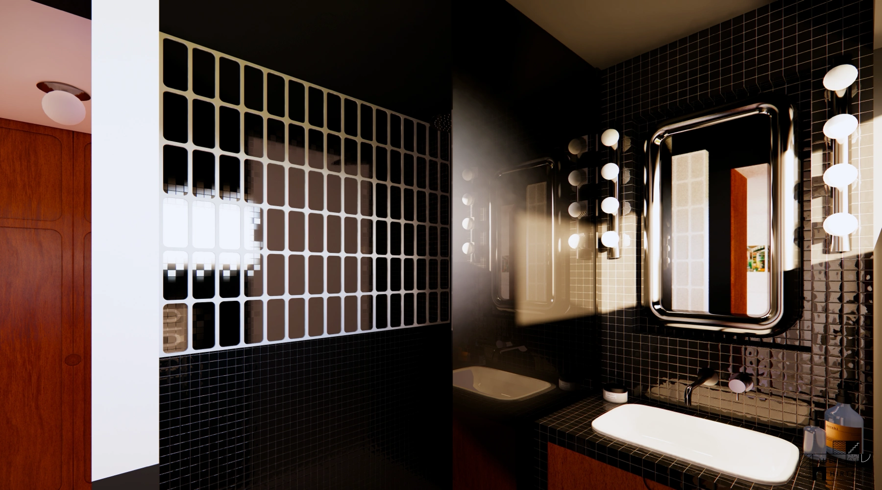Projet Rosais • Transformation d'un bureau en suite parentale comme une chambre d'hôtel, vue de la salle de bain seventies