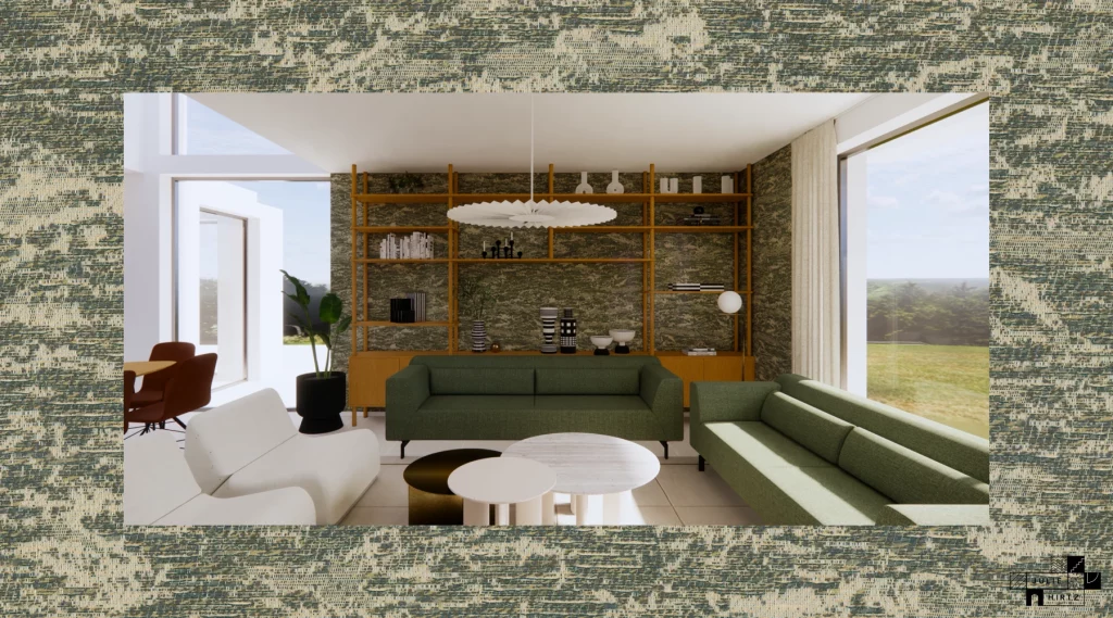 Décoration d'intérieur et agencement d'un séjour avec son papier peint texturé de maison d'architecte