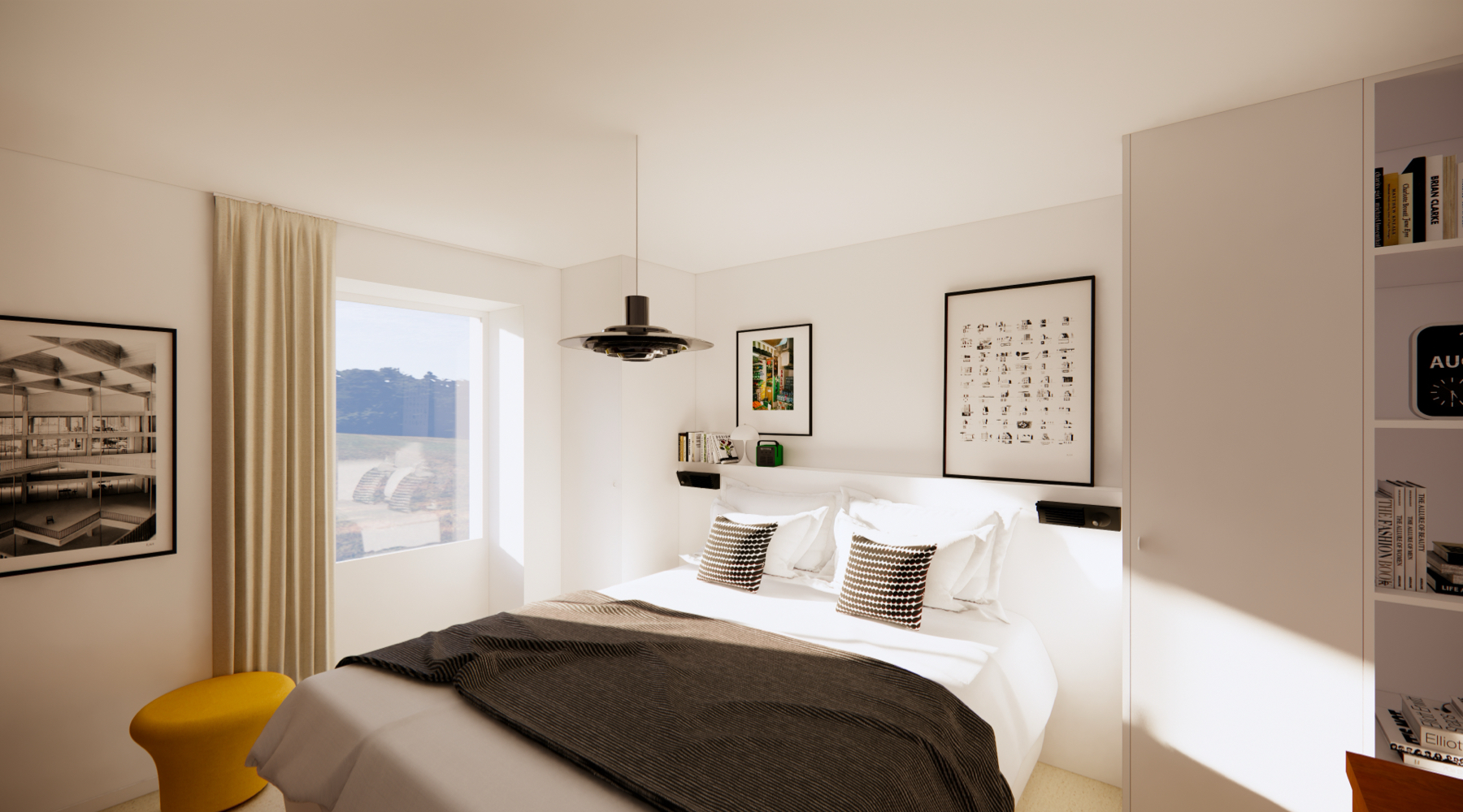 Chambre de la suite parentale avec lit king-size, décoration chinée et ambiance cosy inspirée des années 70.